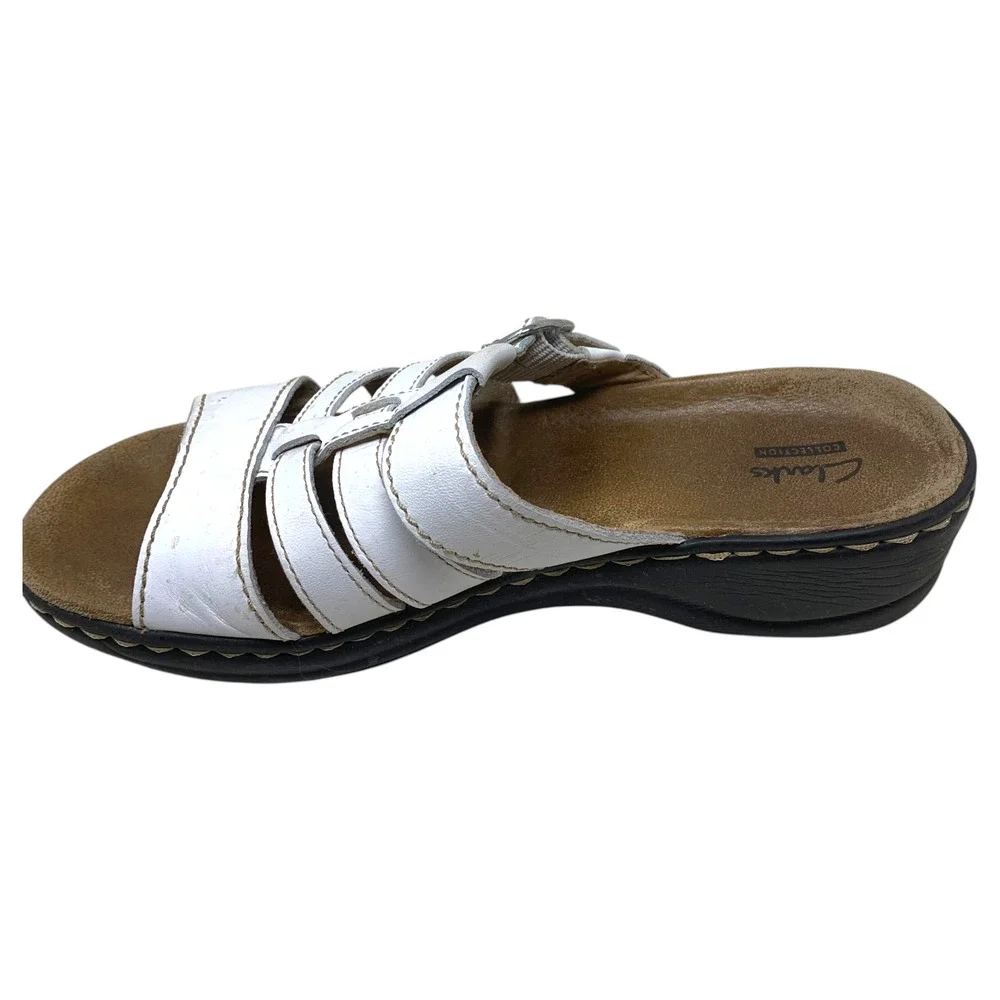 Clarks Collection Sz 10 White Leather Comfort Slide Sandals Buckle Platform Mule